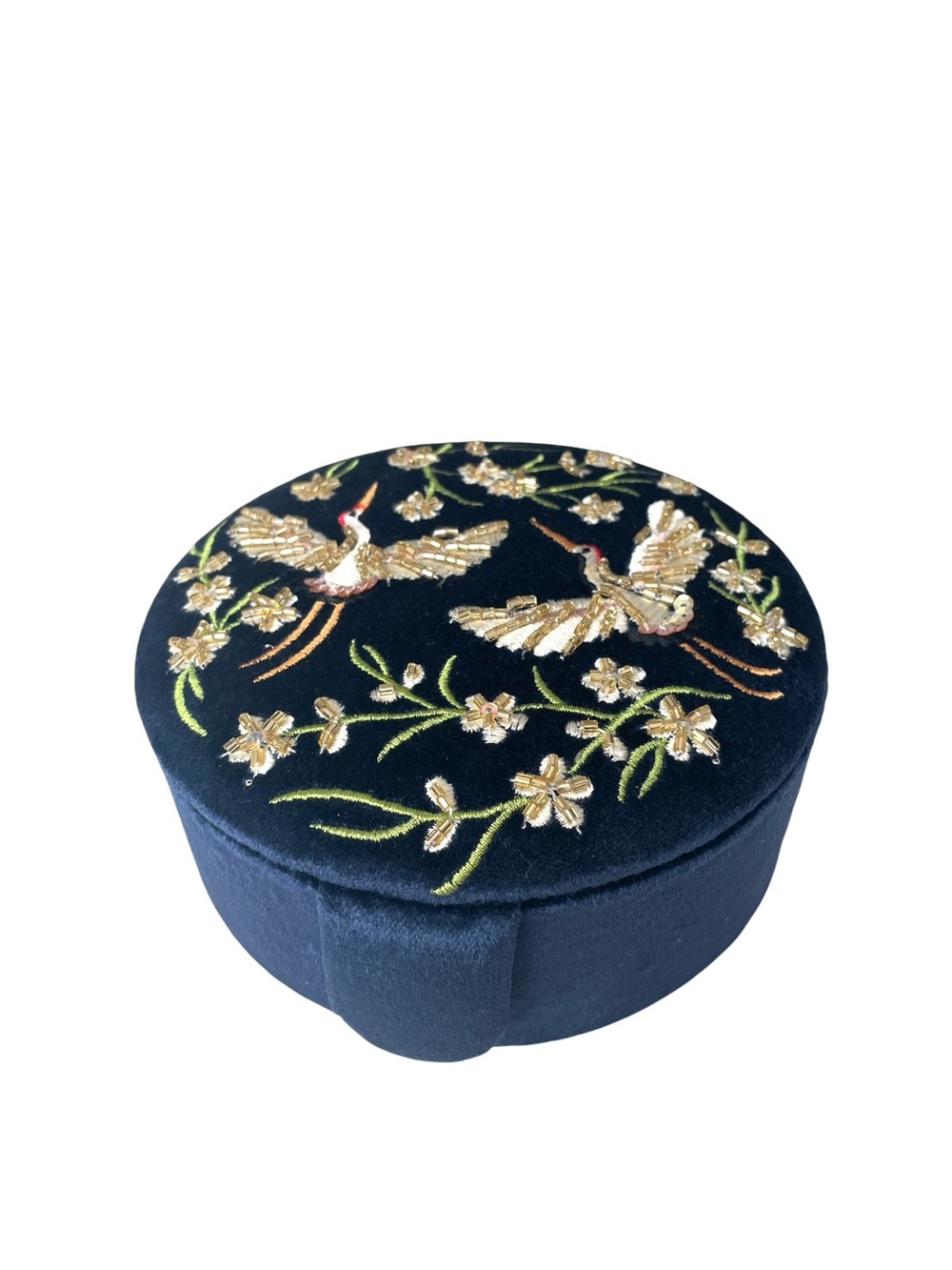 Embroidered Velvet Round Jewelry Box Blue
